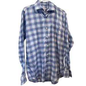 Peter Millar Button Up Long Sleeve Shirt‎ Mens Medium Blue Plaid 100% Cotton EUC